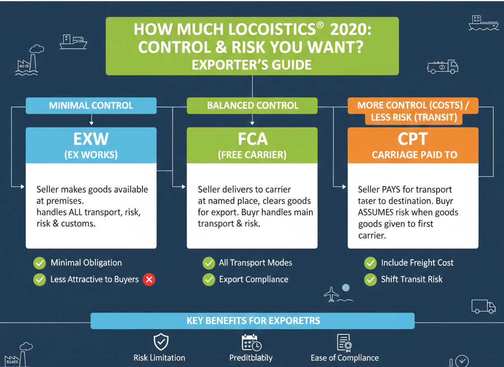 common term choices for exporters based on how much logistics control and risk they’re willing to take. Incoterms for exporters.