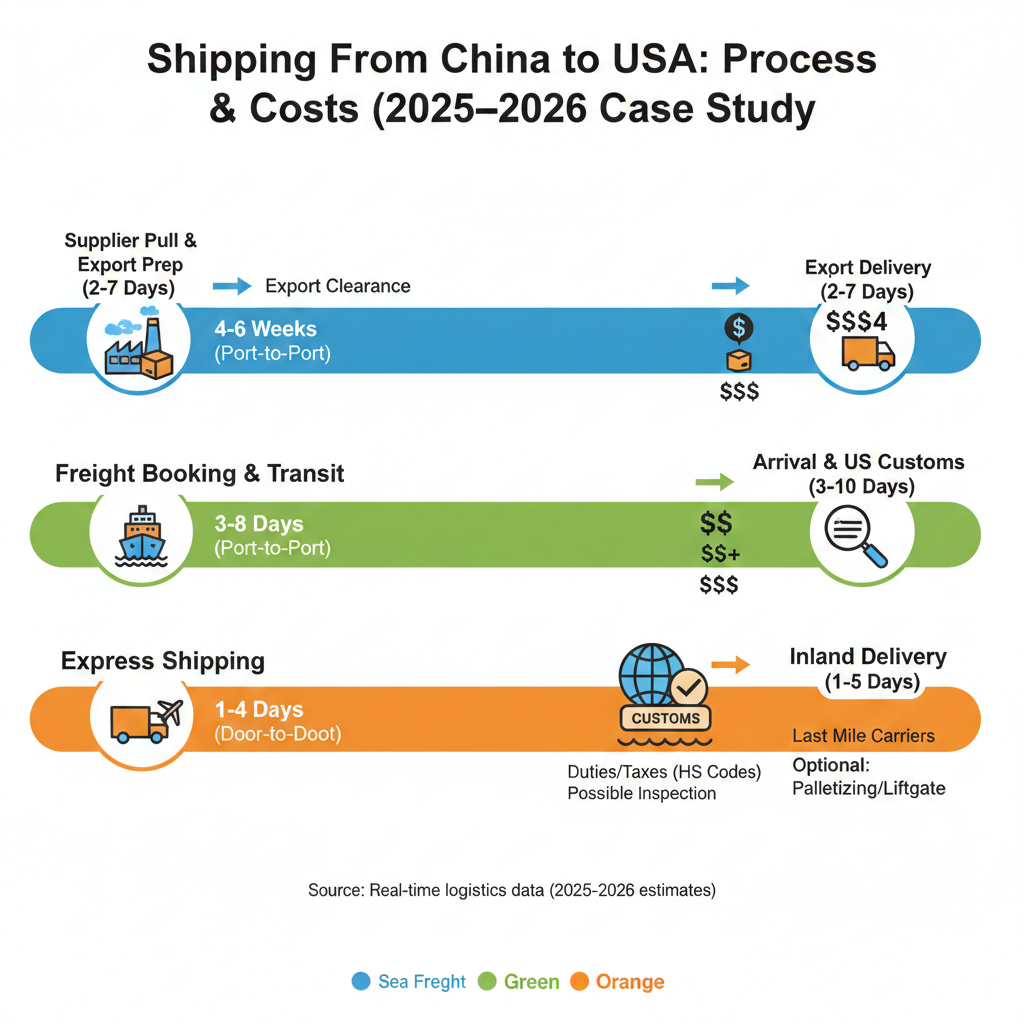 Timeline graphic showing expectations from factory pickup to final delivery (sea vs air vs express). Shipping process and cost.