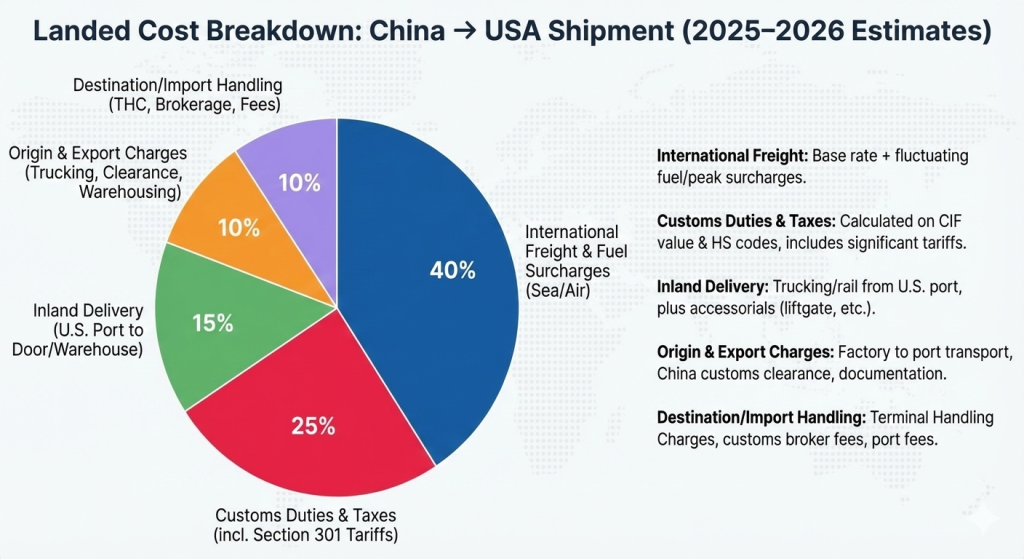 Landed cost pie chart showing freight, duties, handling, inland delivery, and surcharges — great for readers to grasp “hidden cost” weight. Total landed cost in shipping.