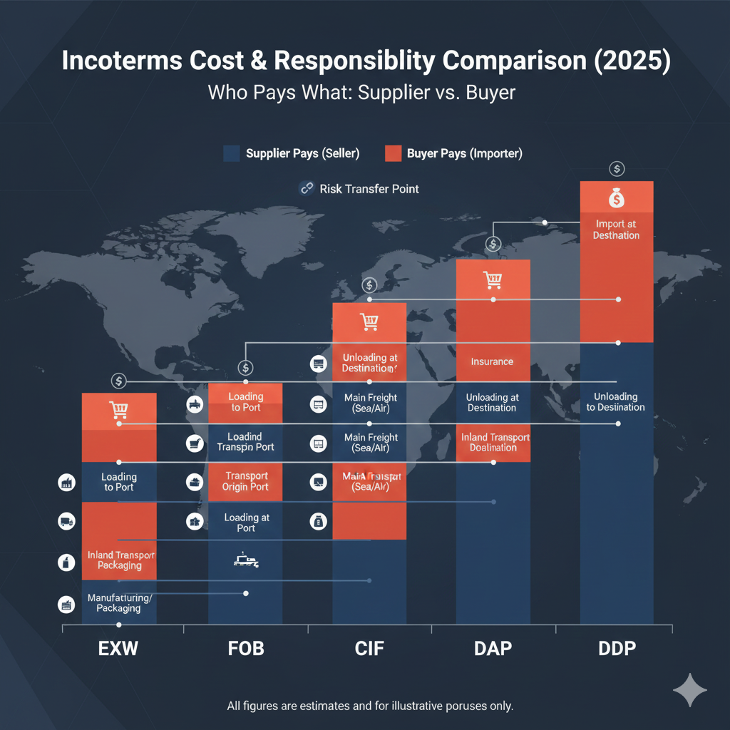 Stack bars of cost coverage under each Incoterm — helps readers see who pays what. Incoterms 