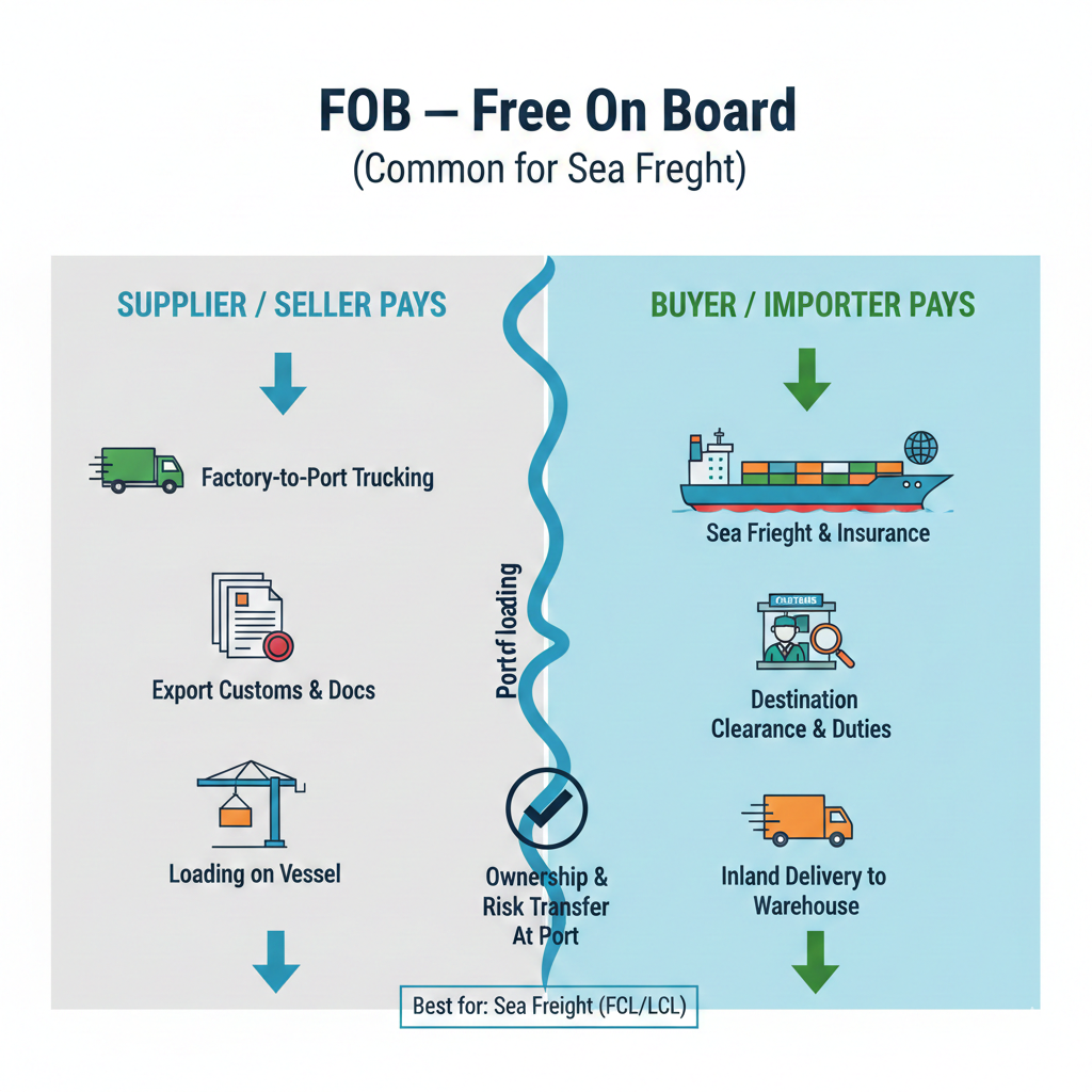 Split chart: responsibilities before port vs after port. FOB Incoterms.