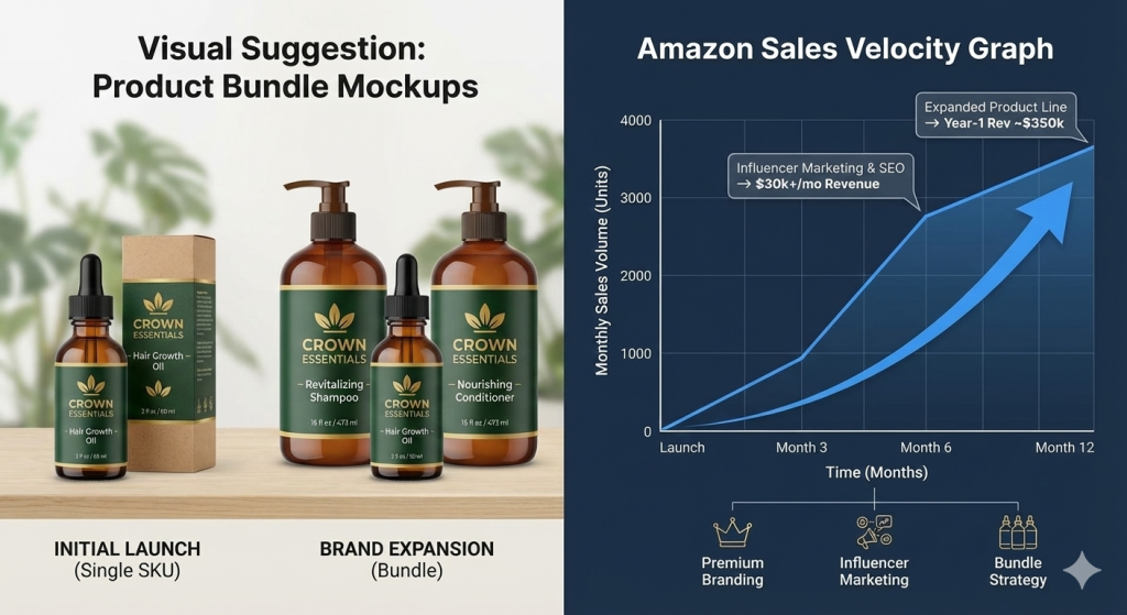Product bundle mockups + Amazon sales velocity graph. private labeling hair care product trend.