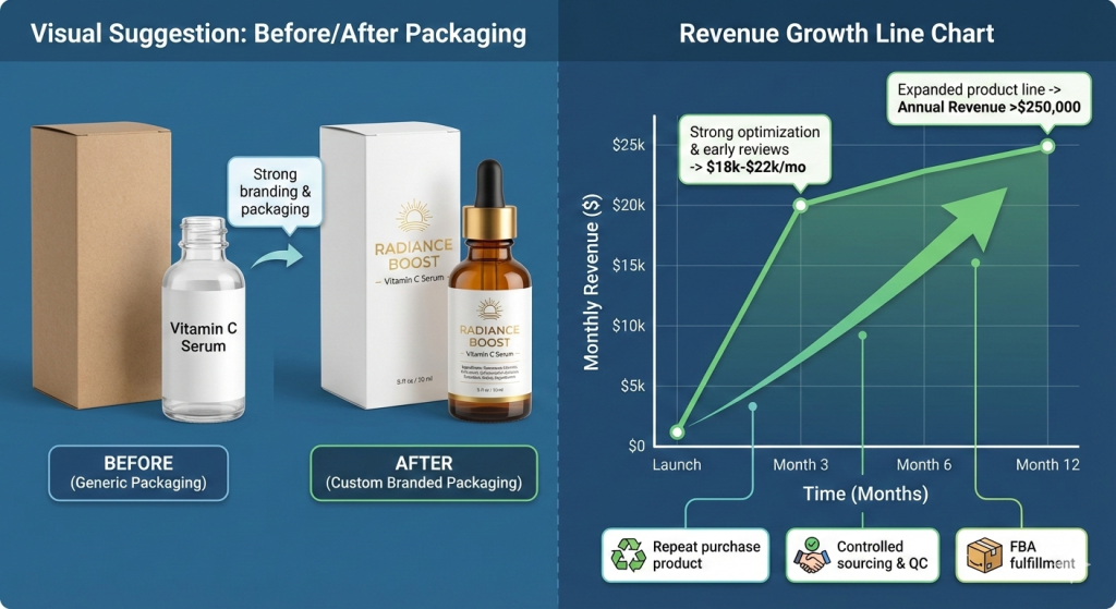 Before/after packaging images + revenue growth line chart. private labeling skin care brand product scheme.
