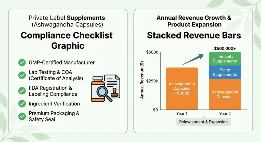 Compliance checklist graphic + stacked revenue bars. private labeling supplements search trend.