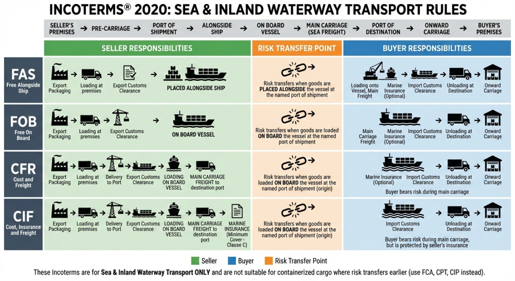 Incoterms for Sea freight timeline showing risk transfer points. Incoterms for Sea and Inland waterway transport.