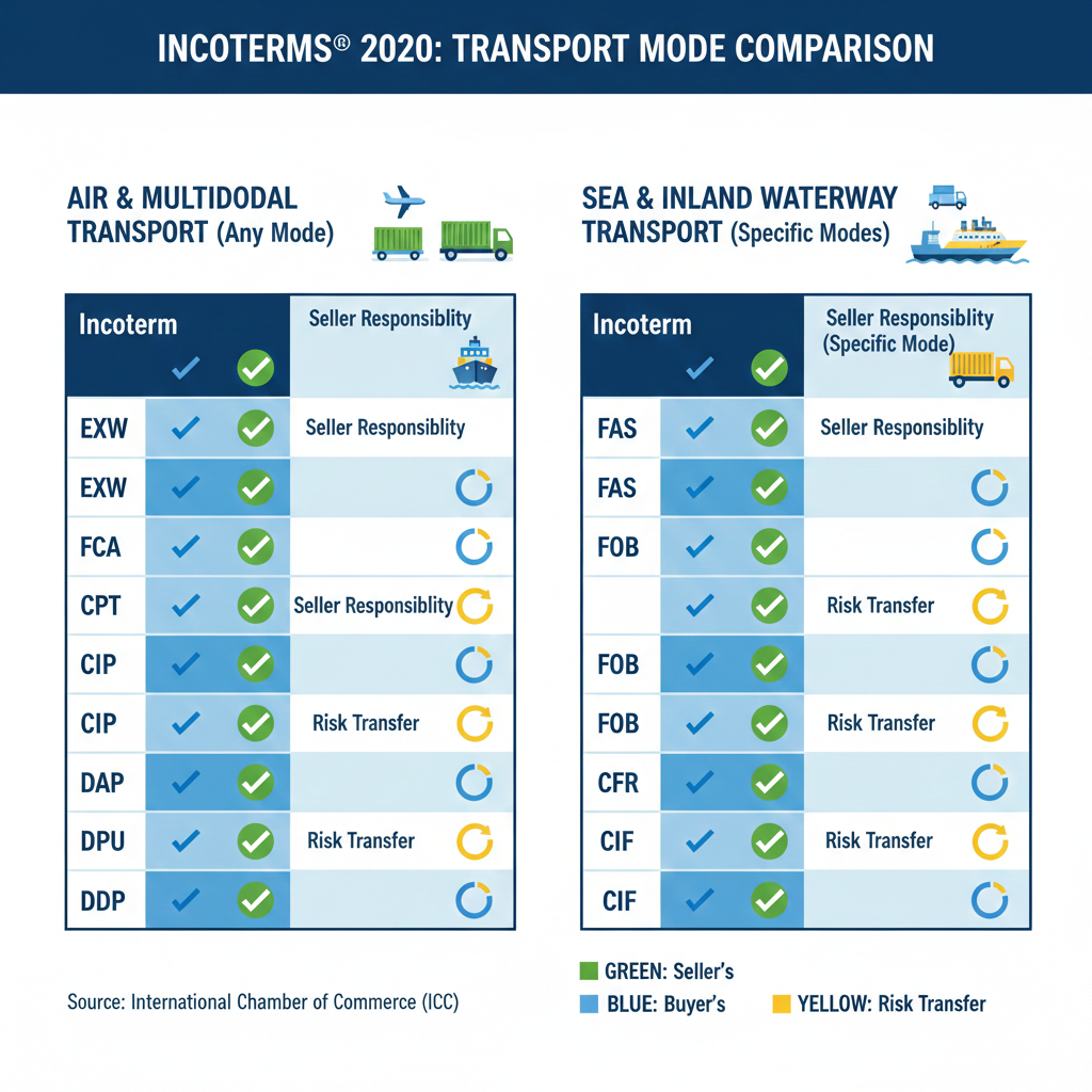 Side-by-side matrices showing Incoterms by transport mode — incoterms for Air/Multimodal vs Sea-specific shipping.