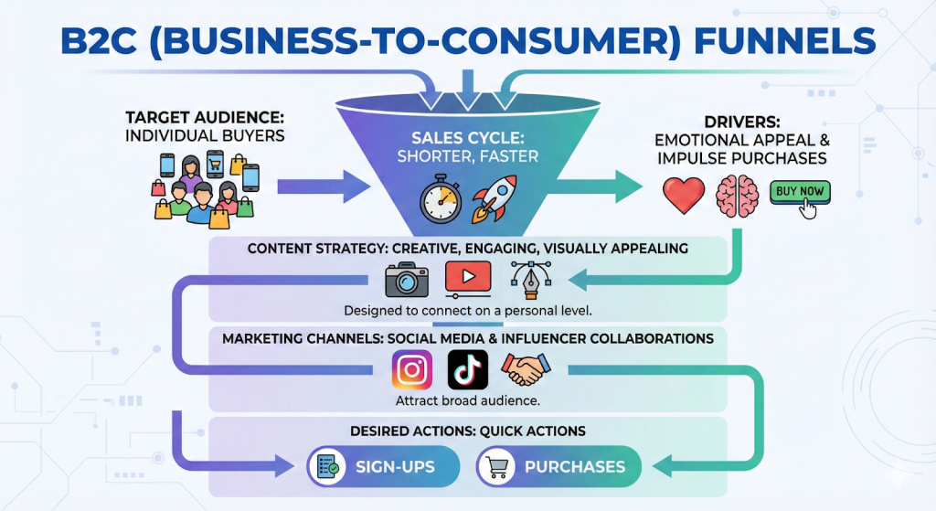 B2C (Business to Consumer) funnel. Lead generation and Conversion funnel. 
