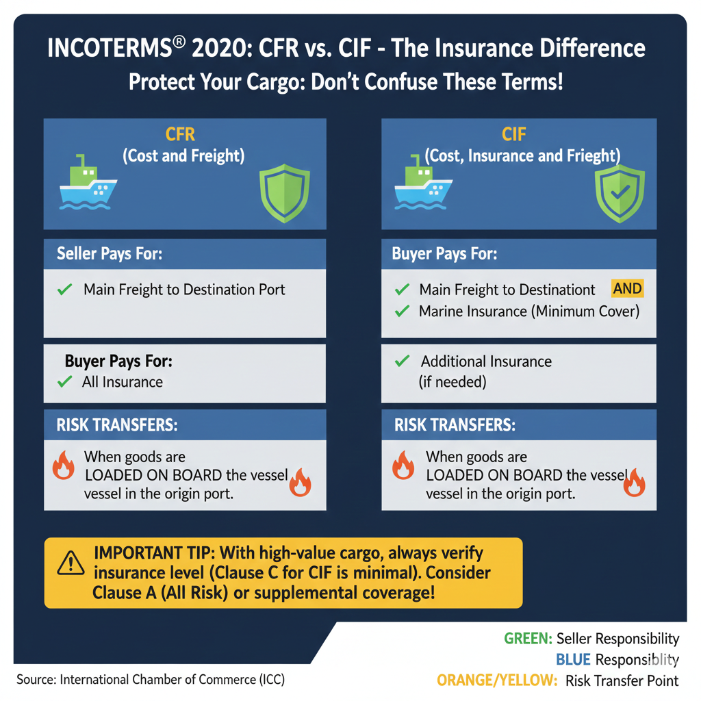 CFR vs CIF — who pays freight, who pays insurance, and risk transfer point. Incoterms for internation trade.