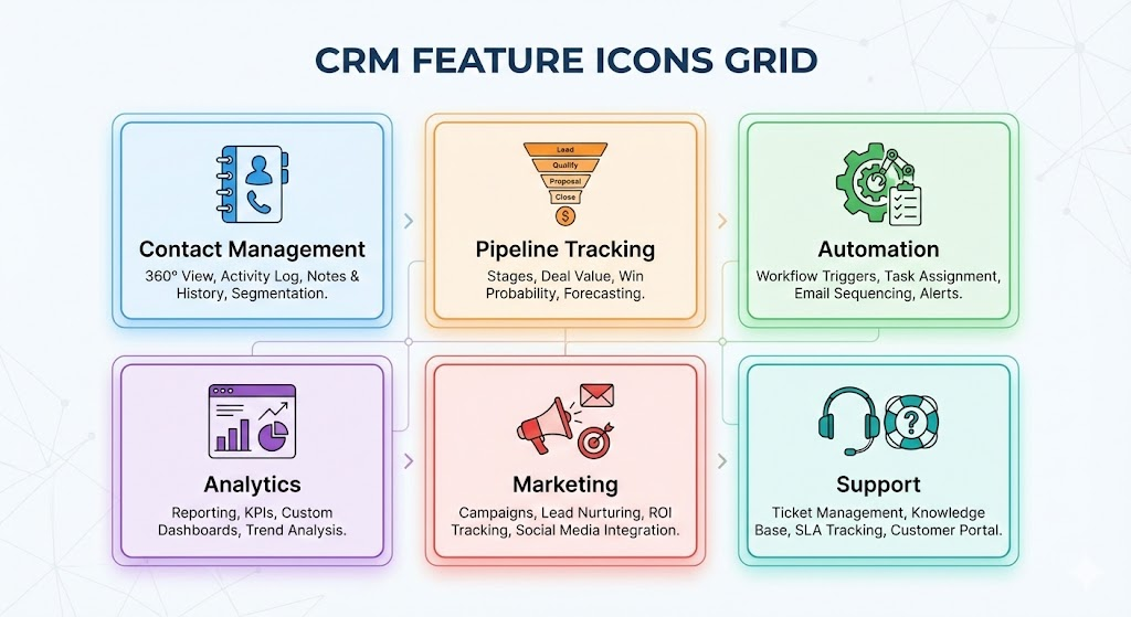 Icon-based feature grid highlighting CRM capabilities. CRM Features. 