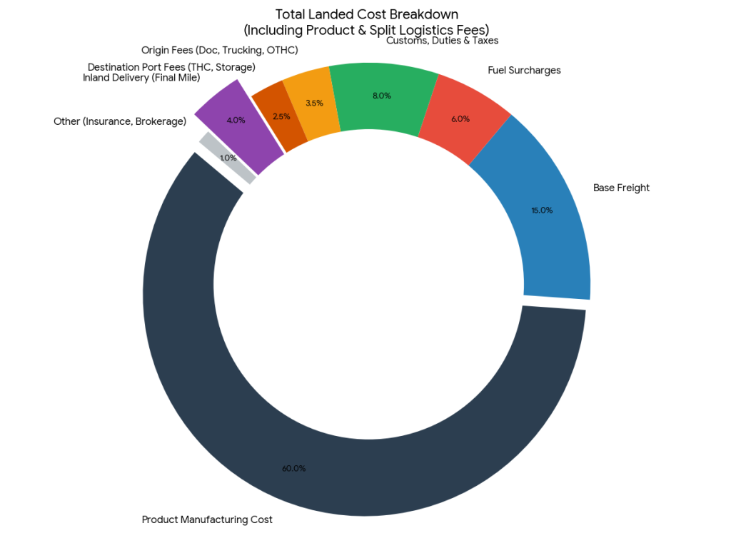 Pie chart of total landed cost breakdown in shipping process 