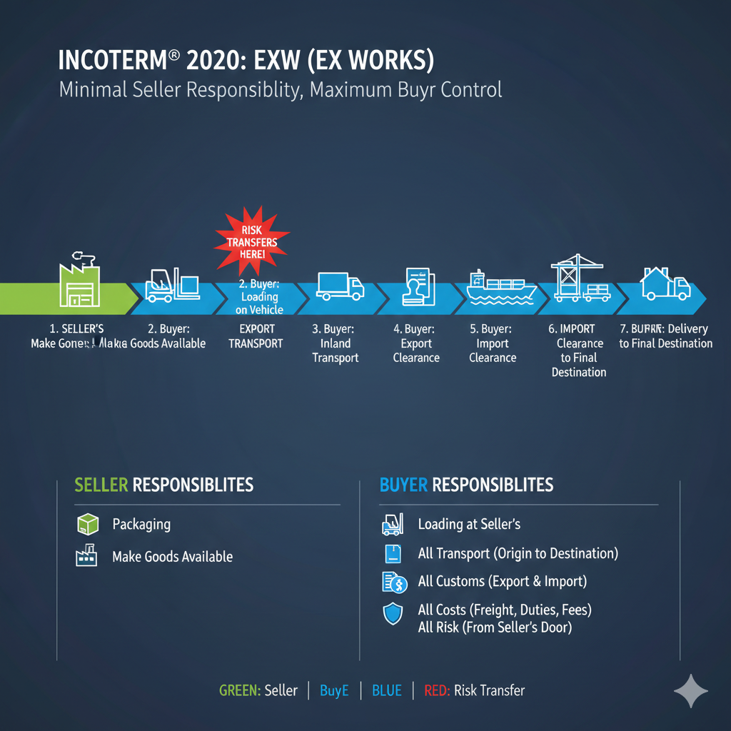 Warehouse-to-destination responsibility diagram for EXW Incoterms. EXW Incoterms.