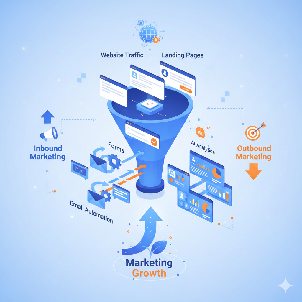 Lead generation funnel showing inbound and outbound digital marketing process