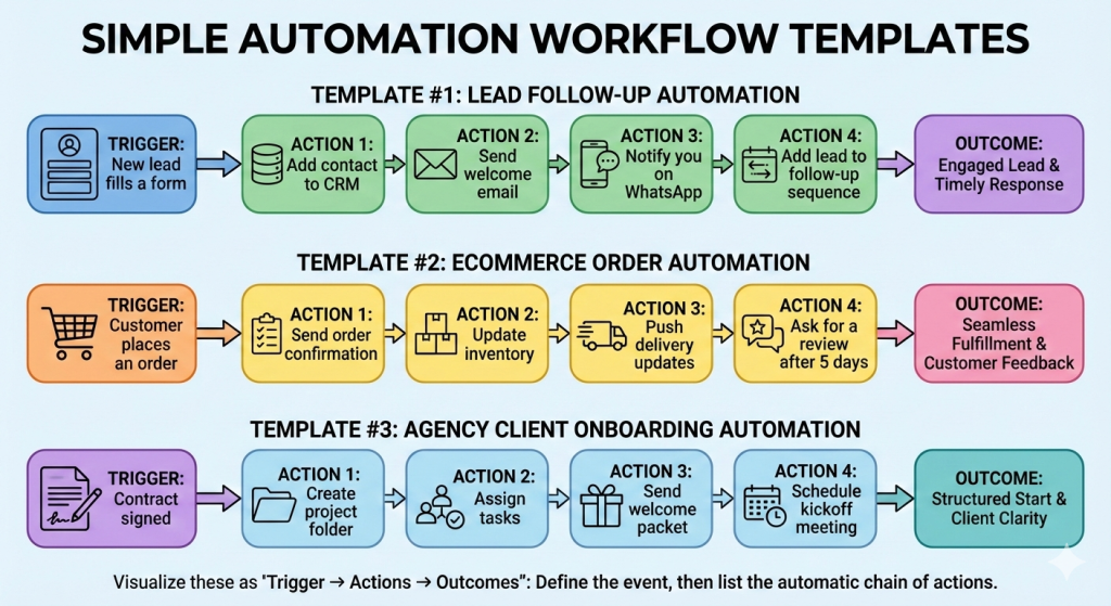 Business automation workflow templates. Lead follow-up template, ecommerce order automation template, agency client onboarding automation template.