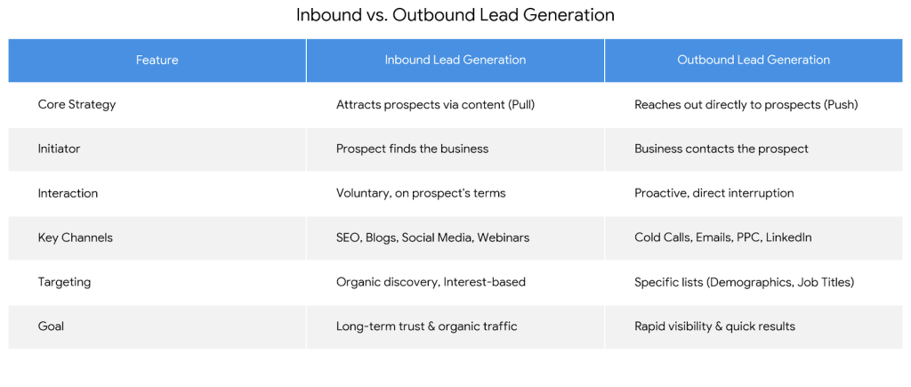 Inbound vs Outbound Lead Generations. Type of Lead Generation.