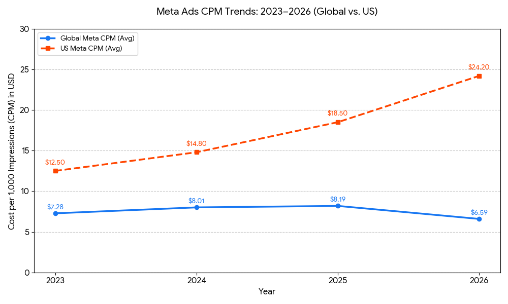 Meta ads CPM Trends: 2023-2026 (Global vs US). Yearly difference in meta ads costs.