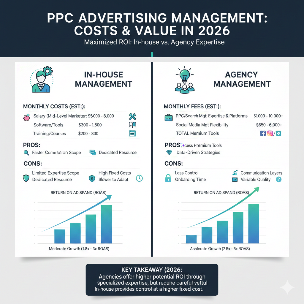 PPC Advertising management; Cost and Value in 2026. in house vs agency expertise in PPC advertisement.