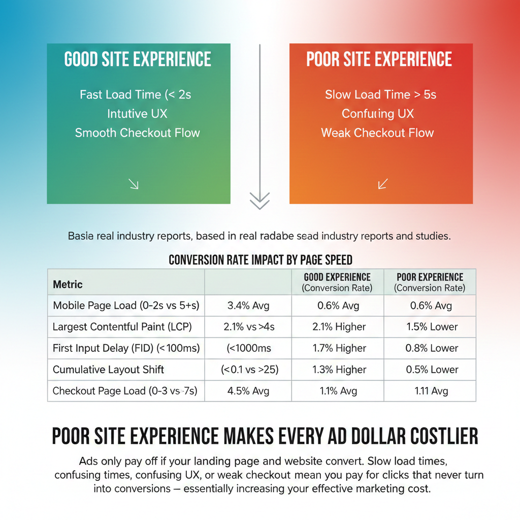good vs poor site experience in Advertisement. how poor site experience makes ads costlier.