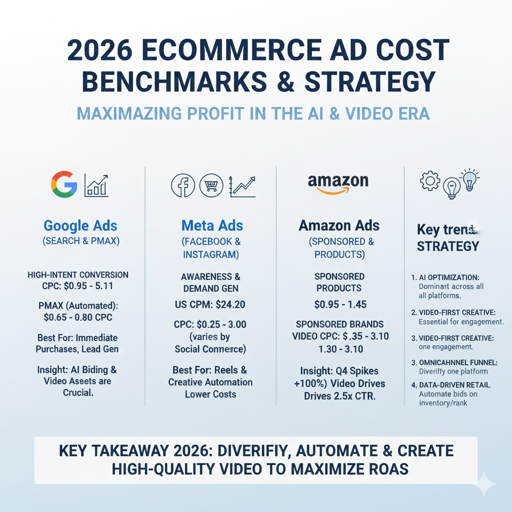 Channel comparison chart (Google vs Facebook vs Amazon vs TikTok). 2026 ecommerce AD cost benchmarks and strategy.