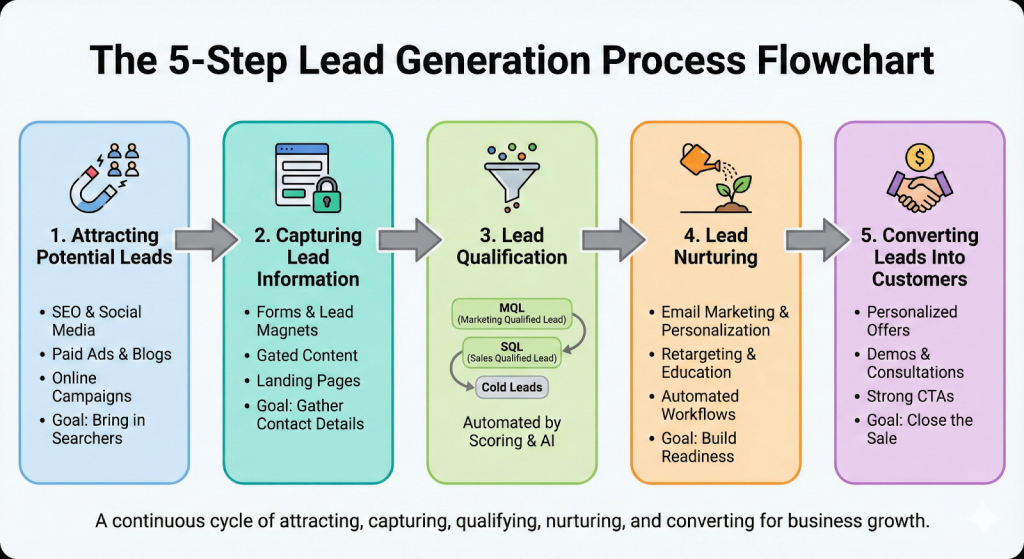 steps of lead generation. Lead generation process flowchart.