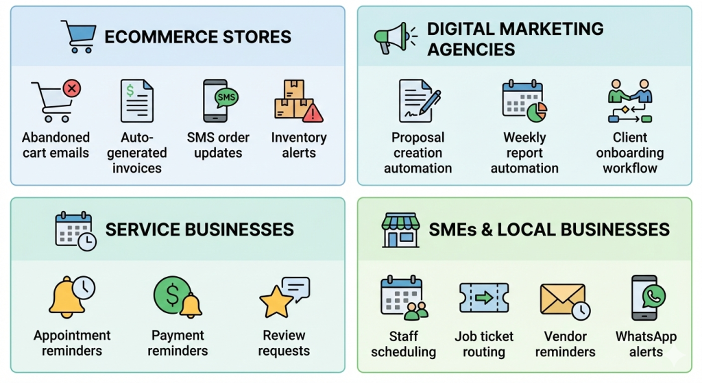 Industry specific business automation use case. For ecommerce store, digital marketing, service business, SME and Local business.
