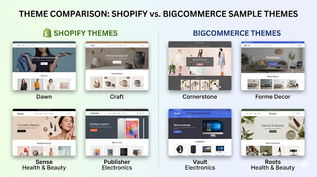 sample themes of shopify and bigcommerce (e.g., Fashion, Electronics, Home Decor).