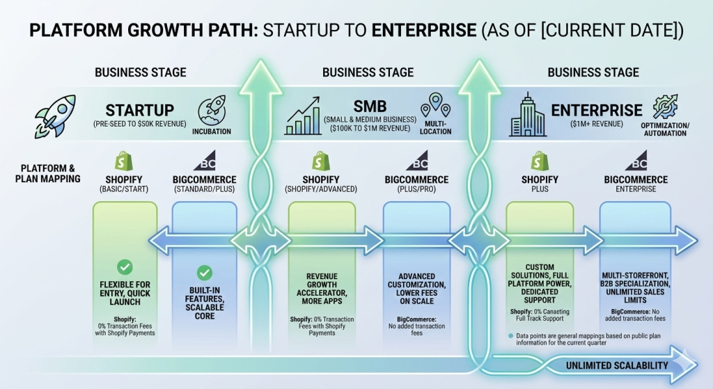 Showing business stages (Startup → SMB → Enterprise) mapped to the appropriate plan on each platform. scalability of shopify vs bigcommerce.