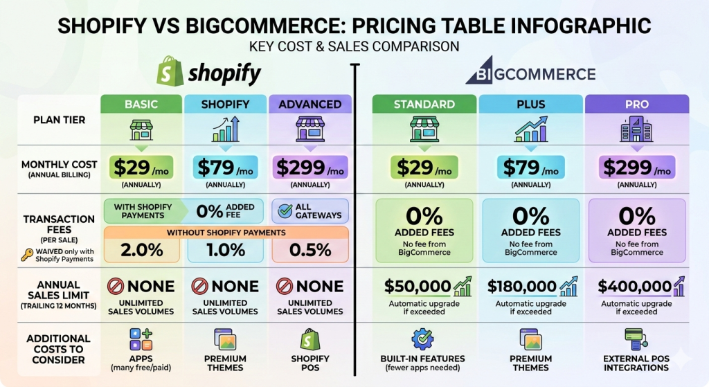 Infographic with monthly cost, transaction fees, and annual sales limits for both platforms clearly highlighted. shopify vs bigcommerce.