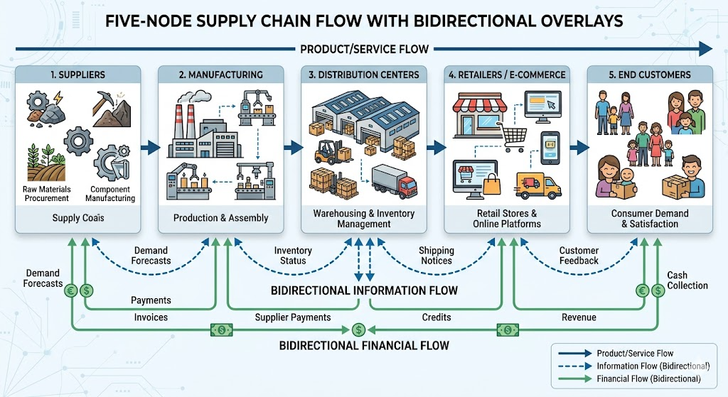 Five-node supply chain network flow — Suppliers to Manufacturing to Distribution Centers to Retailers/E-commerce to End Customers, with bidirectional information and financial flows overlaid.